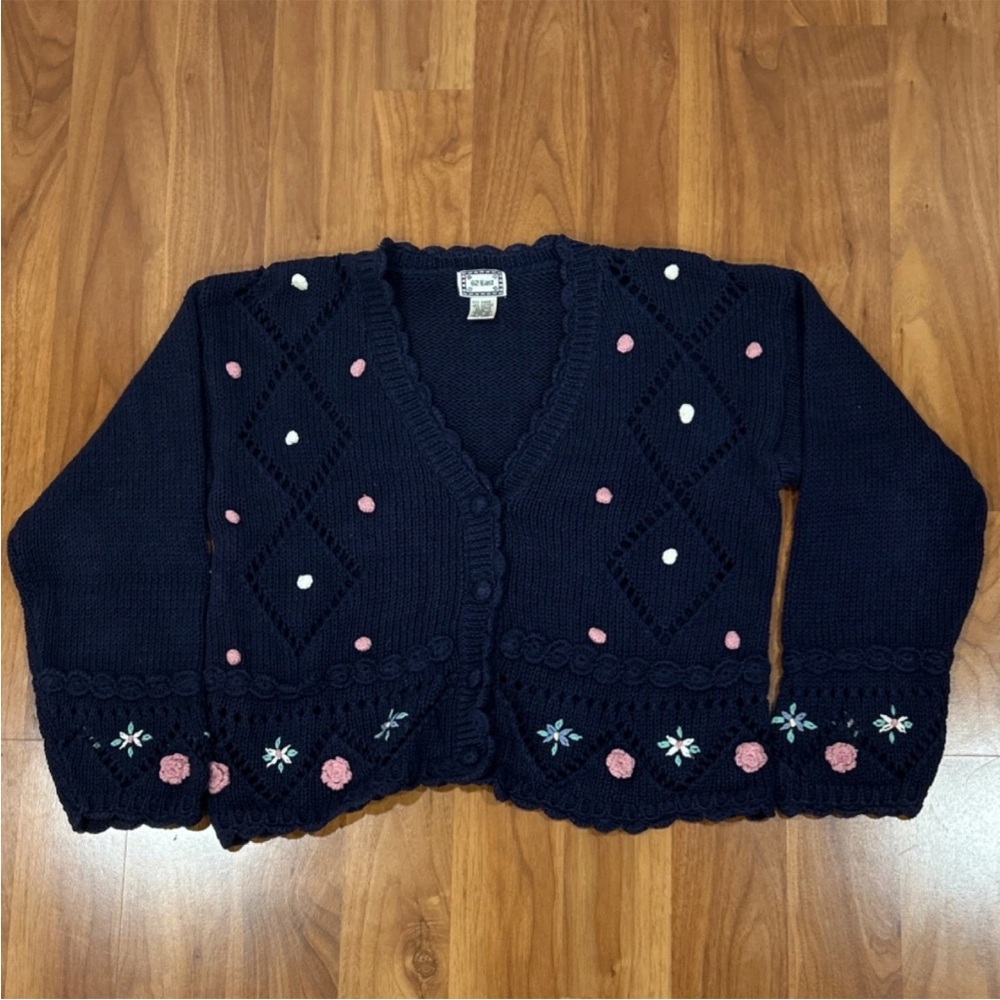 Women's Navy Blue Cardigan with Pink and White Accents - Picture 1 of 8